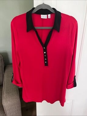 NWT size Large Kim Rogers Red Knit Top Black Trim